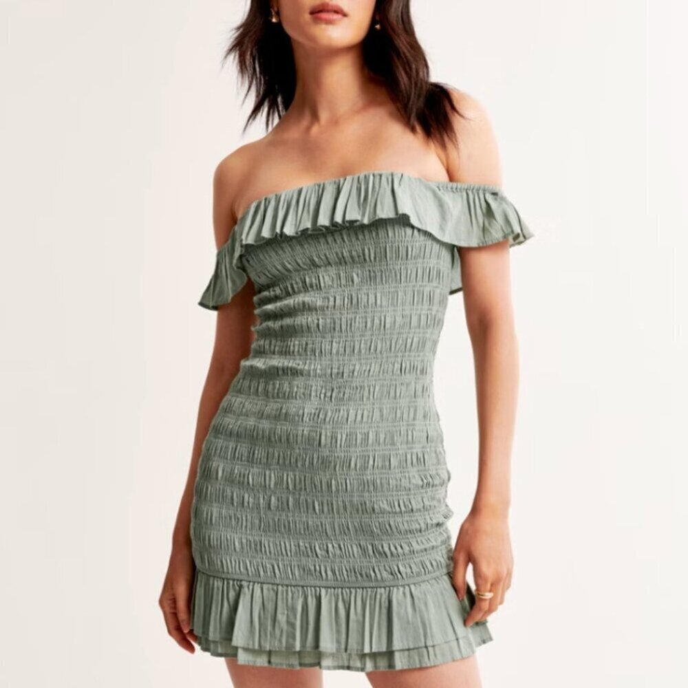 Abercrombie & Fitch Smocked Off The Shoulder Mini Dress Sage Green NWT Sz M Tall
